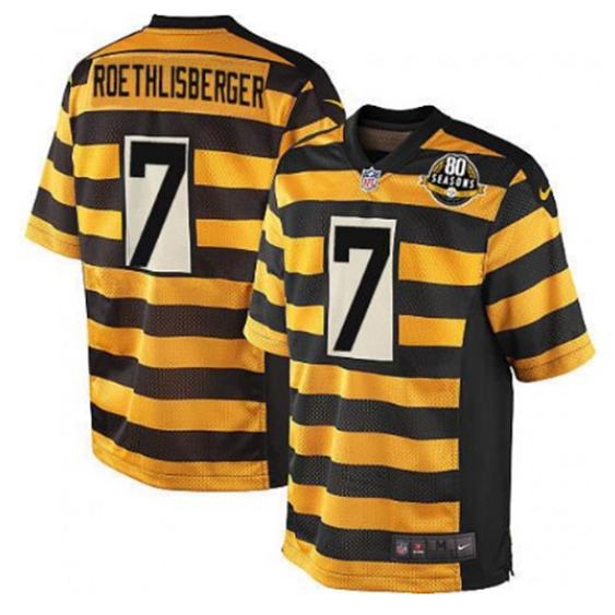 Men's Pittsburgh Steelers #7 Ben Roethlisberger Yellow/Black Alternate 80TH Anniversary Throwback Stitched Jersey